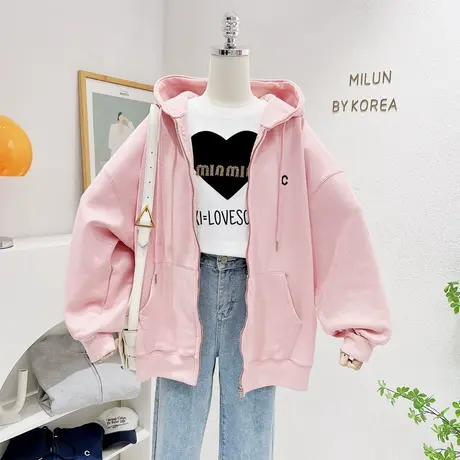 2022秋冬款银狐绒加厚连帽外套韩版纯色百搭慵懒休闲开衫卫衣大码图片