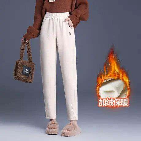 加绒羊毛呢休闲裤女秋冬2023新款松紧腰宽松时尚哈伦裤加厚萝卜裤商品大图