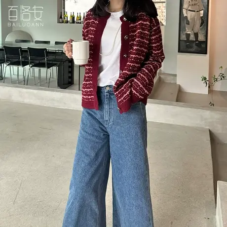 百洛安百搭圆领针织外套女外搭2023秋冬洋气减龄宽松长袖毛衣开衫图片