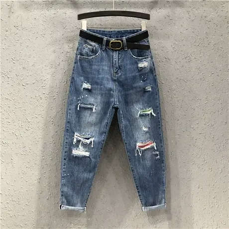 春夏新款欧货女裤潮个性破洞糖果色贴布牛仔哈伦裤宽松显瘦老爹裤图片