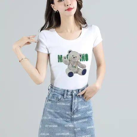 卡通熊烫钻T恤女短袖夏季修身半袖汗衫欧货体恤上衣欧洲站紧身潮商品大图