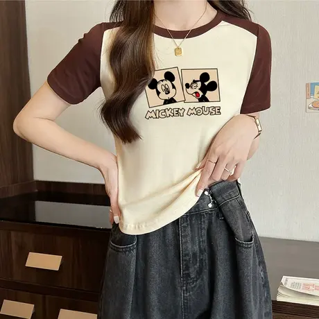 2023新款纯棉插肩袖t恤女夏季韩版修身印花短款正肩不规则上衣ins图片