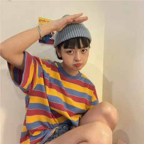 红续韩版复古条纹短袖T恤女2023夏季新款纯棉半袖小个子上衣ins潮图片