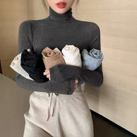 高领打底衫女秋季2023新款内搭显瘦黑色长袖T恤小众别致上衣服商品大图