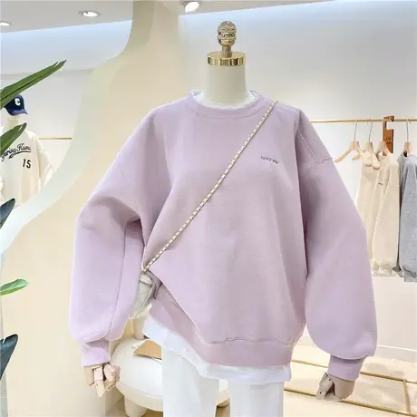 卫衣女加绒加厚2022秋冬新款简约刺绣字母拼接假两件宽松套头上衣图片