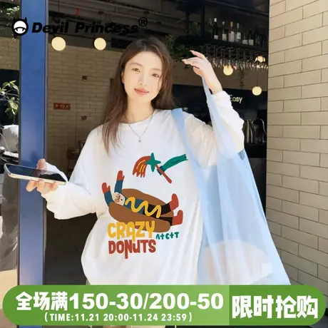 ulzzang卡通ins潮牌白色长袖t恤女韩版宽松超好看百搭正肩上衣图片