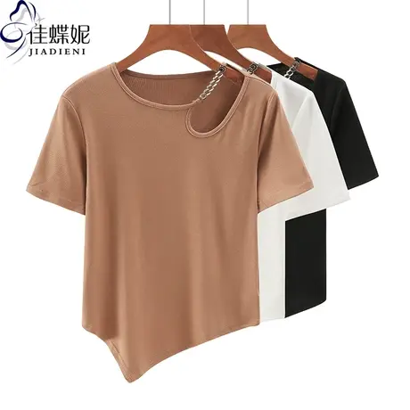 夏季新款韩版圆领纯棉修身纯色镂空短款纯欲短袖体恤上衣女打底衫商品大图