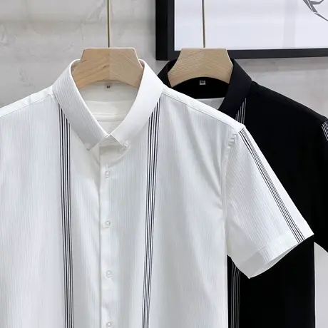 冰丝凉感衬衫男短袖夏季免烫抗皱高端条纹高级感商务休闲半袖衬衣商品大图