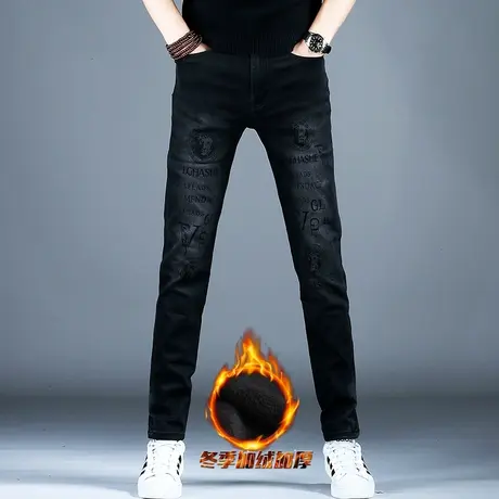 秋冬新款加绒加厚牛仔裤男款保暖时尚印花裤子男潮流黑色美式高街商品大图