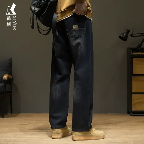希越水洗复古黑色牛仔裤男士春秋宽松大码加肥加大直筒阔腿休闲裤商品大图