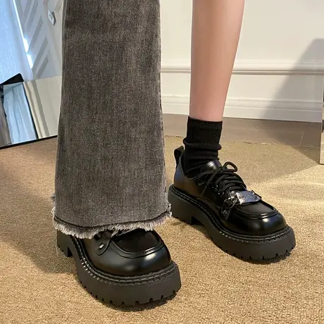 英伦风小皮鞋女春秋季2023年新款黑色系带复古百搭厚底玛丽珍单鞋商品大图