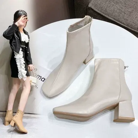 后拉链女靴2023年秋冬瘦瘦高跟小短靴女欧美粗跟显高白色法式女鞋图片
