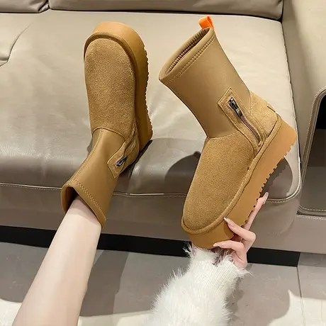 厚底短筒靴女2024新款冬季外穿加厚保暖雪地靴舒适圆头户室外棉鞋商品大图