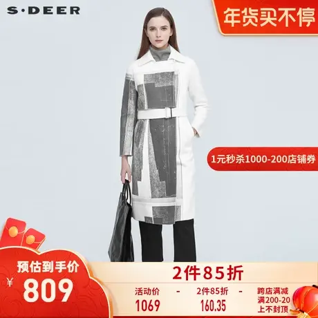 sdeer圣迪奥冬季女装时尚翻领印花收腰长款毛呢大衣S20481847💸商品大图