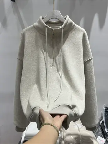 2023年新款欧货宽松抽绳半拉链立领加绒加厚卫衣女秋冬打底衫上衣商品大图