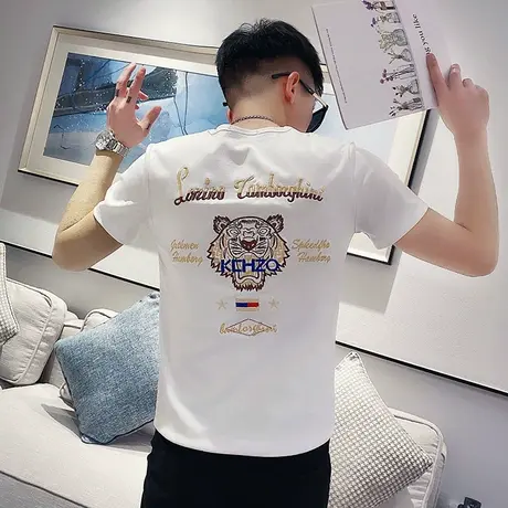 2022夏季新款男t恤打底衫短袖修身半袖潮流刺绣虎头青年圆领体恤商品大图