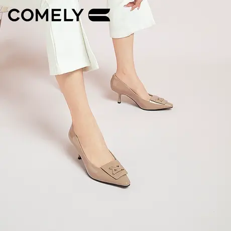 康莉真皮细跟单鞋女2024春季新款漆皮气质尖头时尚高跟鞋商场同款商品大图