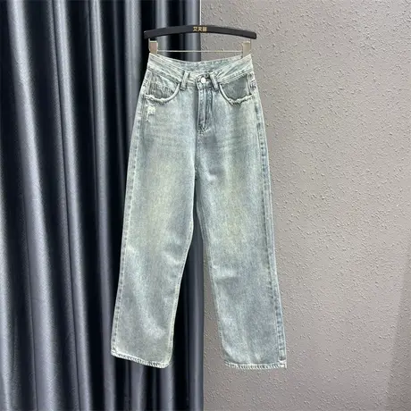 欧货个性磨破口袋设计感牛仔直筒裤女春季新款高腰宽松显瘦拖地裤图片