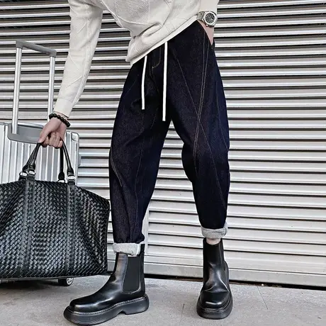 牛仔裤男秋冬款ins高街复古哈伦潮流裤子春季松紧纯色潮牌小脚裤商品大图