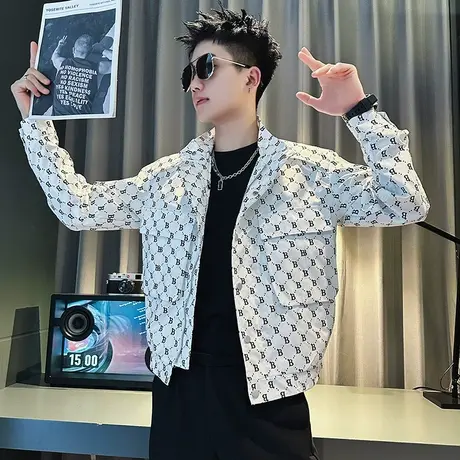 满印字母外套男春秋季男装工装上衣2023新款休闲痞帅褂子潮牌夹克商品大图