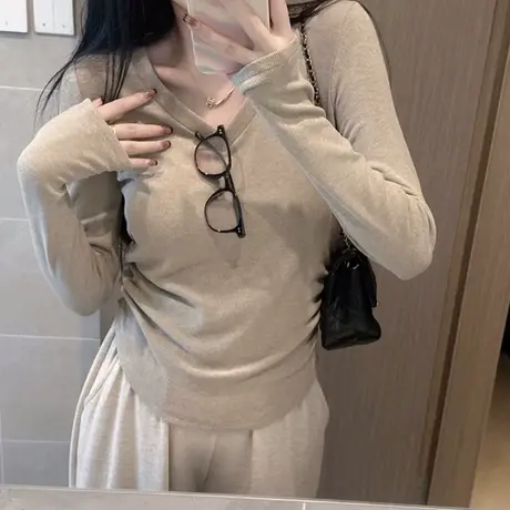 高级感纯色打底衫女内搭V领德绒保暖修身上衣秋冬季加绒长袖T恤潮商品大图