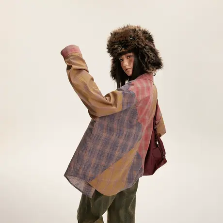 潮牌美式复古拼接格子衬衫女春秋2024新款设计感上衣宽松衬衣小众商品大图