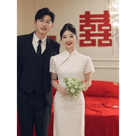 领证登记白色旗袍订婚小礼服连衣裙平时可穿敬酒服新中式性感露背商品大图