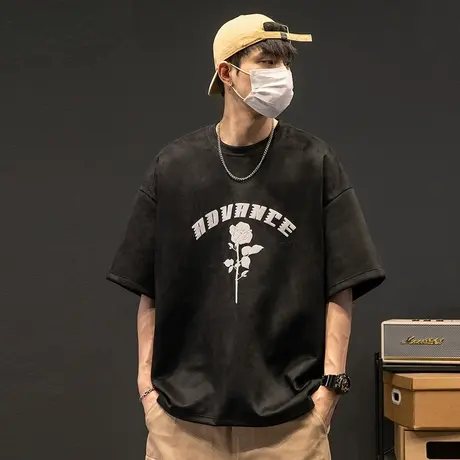 麂皮绒短袖t恤男ins潮流发泡2023夏季新款美式高街百搭男士上衣服商品大图