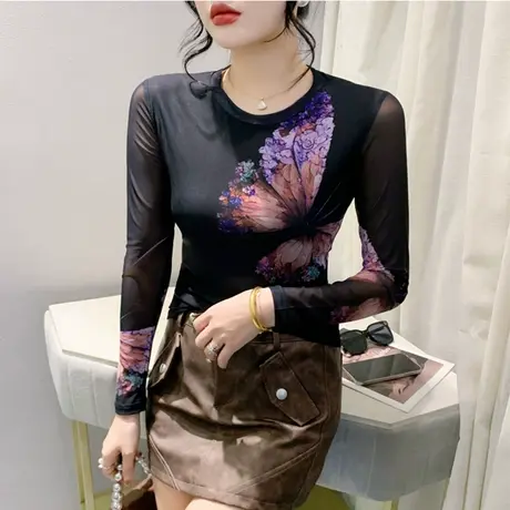 春装2024新款T恤女性感网纱印花气质减龄内塔上衣修身长袖打底衫商品大图