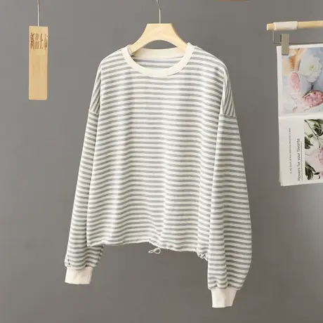 早春新款上衣圆领束口条纹T恤衫女装春秋季2024年春季体恤打底衫图片