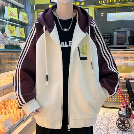 撞色拼接外套男装新款上衣青少年春秋款连帽夹克男潮运动开衫卫衣图片