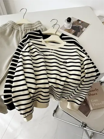 复古条纹卫衣女春秋季新款百搭宽松显瘦简约休闲套头上衣长袖商品大图