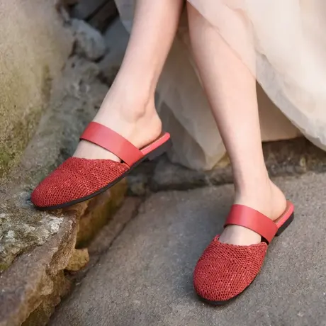 Artmu阿木原创复古手工鞋包头半拖鞋女外穿2023新款真皮针织皮拖商品大图