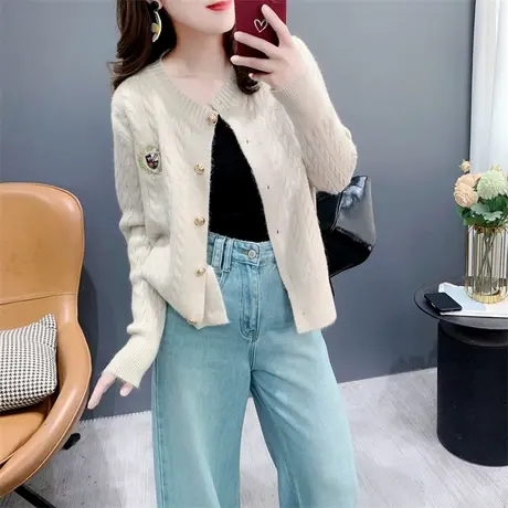 韩系复古麻花刺绣针织开衫女春季2024年新款时尚百搭毛衣外套上衣商品大图