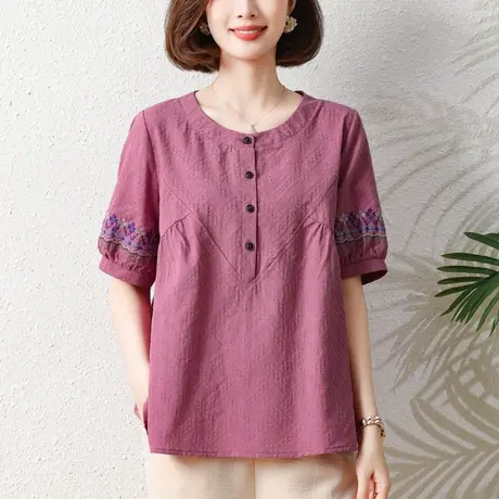 妈妈装夏季棉麻短袖宽松加大码女装中老年人休闲遮肚洋气显瘦上衣商品大图
