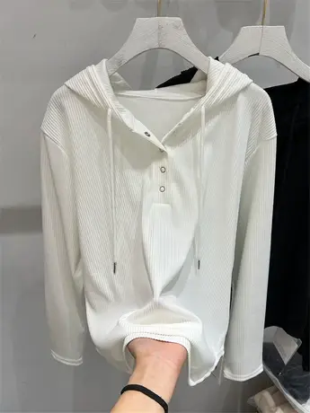 韩版抽绳连帽t恤女卫衣2024春季新款修身显瘦内搭设计感打底上衣商品大图