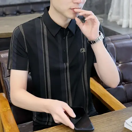 大码短袖Polo衫男上衣宽松条纹体T恤2023新款中年爸爸夏装打底衫商品大图