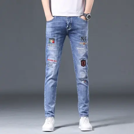 2023薄款男士弹力修身牛仔裤男装青少年潮流补丁裤子韩版小脚绣花商品大图