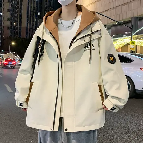 假两件连帽外套男秋冬款港风工装夹克男潮牌青少年春季户外冲锋衣图片