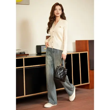 【气质优雅针织开衫】23年秋装新款V领简约含羊毛针织外套女商品大图