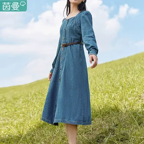 茵曼官方旗舰店牛仔连衣裙女2024年春季新款法式方领长袖长裙子图片