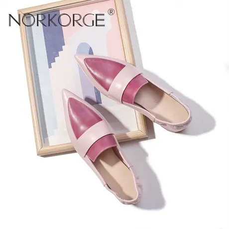 原创新款手工复古英伦温柔粉紫色尖头乐福鞋女真皮粗跟温柔奶奶鞋图片