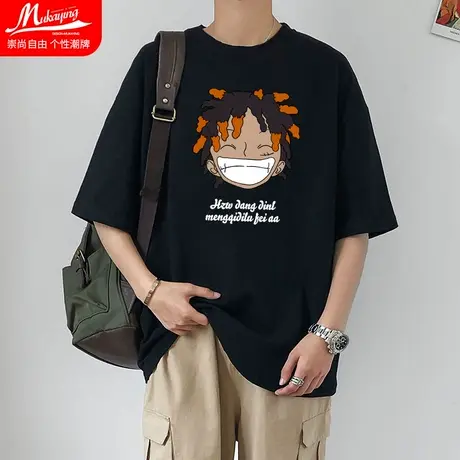 日系卡通脏辫路飞短袖t恤男夏季小众设计感港风潮牌情侣宽松上衣图片