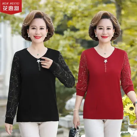 妈妈春装新款上衣中老年长袖t恤女打底衫 洋气中年女装春秋款小衫商品大图