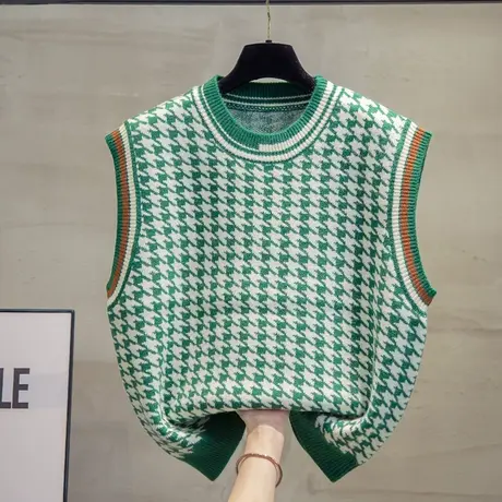 圆领针织马甲背心女2023秋装新款宽松外穿马夹千鸟格叠穿毛衣坎肩图片