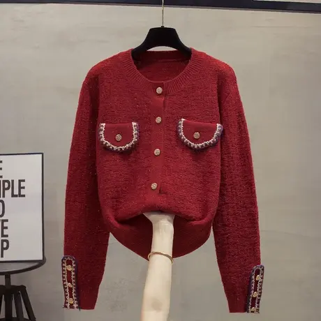 小香风圆领针织开衫女2023秋冬新款宽松外穿上衣外搭亮丝毛衣外套图片