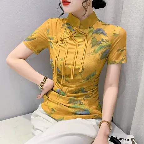 复古中国风女装时尚盘扣立领T恤短袖洋气印花小衫修身网纱上衣夏商品大图