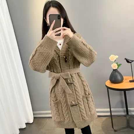 开衫毛衣长款牛角扣大衣外套女春秋韩版宽松洋气慵懒风开衫毛衣女图片