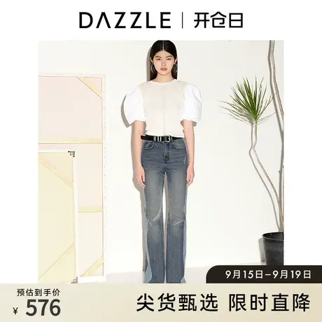DAZZLE地素奥莱春夏泡泡袖小众拼接设计感修身白色衬衫上衣女商品大图