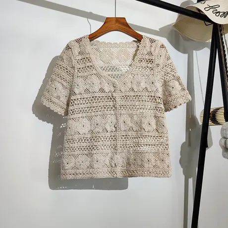 钩花镂空短袖开衫女夏季新款法式复古设计感小众显瘦别致上衣小衫图片